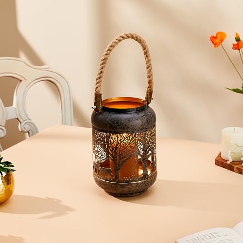 Image of Amazon Brand - Solimo Tea Light Lantern - Round Deer Design, Brown Antique Iron with Gold Interior (Size: L-15 cm x W-15 cm x H-23 cm)