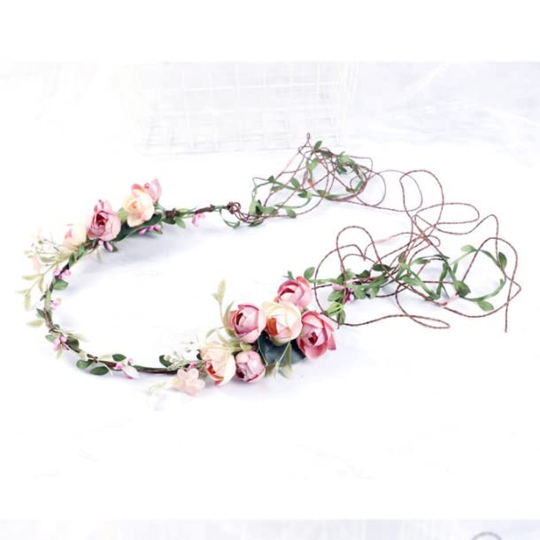 Qiwenr Novia Corona boda Halo Guirnalda,Diadema de Flores Para Dama de Honor Diadema de Corola,con Ajustable,Para Flesta de Ceremonia Nupcial,Fresco Y Hermoso（Rosa）