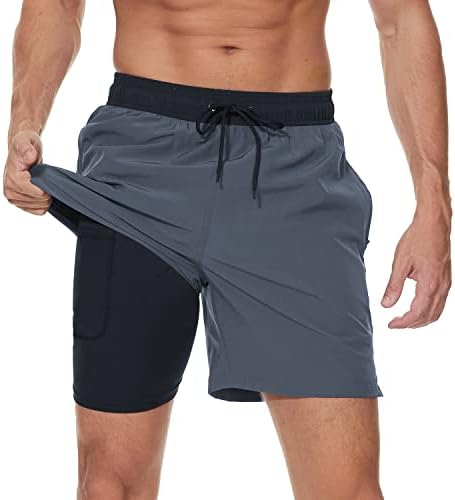 Arcweg Badehose für Herren mit Kompression Liner 2 in 1 Atmungsaktiv Badeshorts Männer Elastisch Trainingsshorts Verstellbar Tunnelzug mit Reißverschlusstaschen