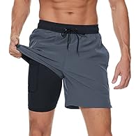 2 in 1 Swim Trunk Design: Double layer design for comfort.The inner lining is made of 92% polyester and 8% spandex, very good breathability can keep your sports comfortable, the compression lining of the boxer swimming trunks can protect your skin, a...
