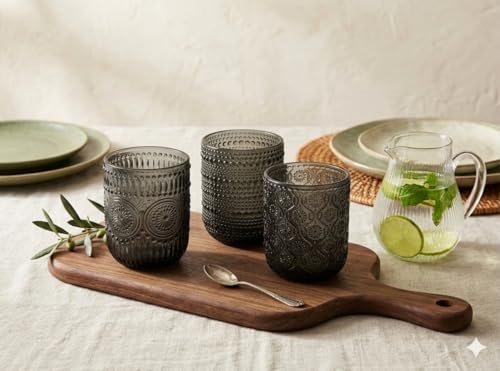 Bicchieri, set 6 pezzi, Design Elegante con Motivo in Rilievo, Stile Moderno, per Acqua e Bevande. Possibilità di scelta tra 3 colori: grigio fume', blu e verde