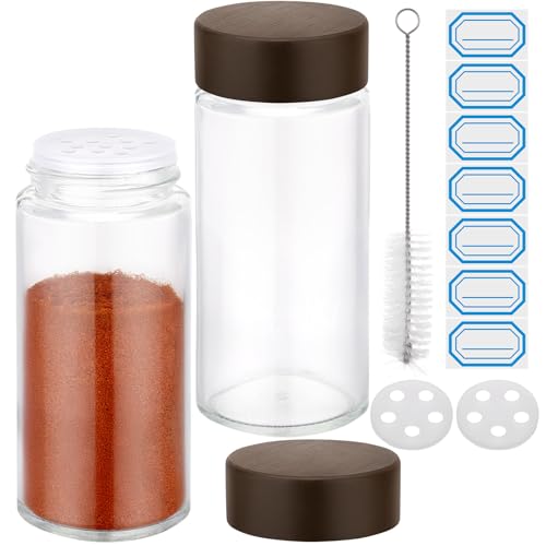 Segarty 4oz Spice Jar with Shaker Lids, 2 Pack 120ml Round Jars with Wood Lids, Clear Empty Seasoning Containers Cereal Cabinet Organization Storage Set, Glass Spice Bottle with 7 Stickers, 1 Brush