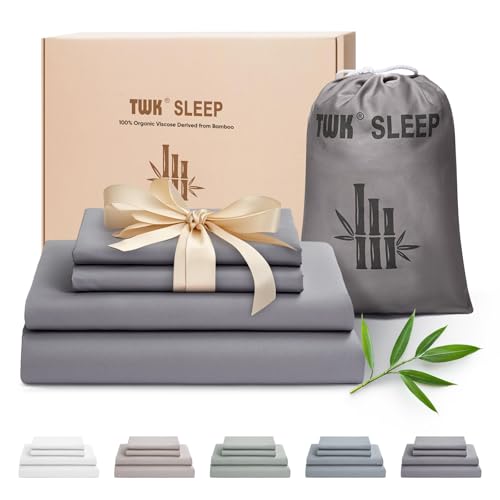TWK Luxury Sheet Set, Genuine 100% Organic Viscose Derived from Bamboo, Cooling & Breathable, Silky Soft, Bedding Sheets & Pillowcases (Gray, King)