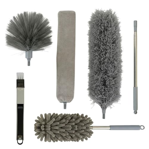 Plumero Atrapapolvo Extensible de Microfibra de 6 Piezas Lavables para Eliminar El Polvo | Kit Limpia Polvo con Cepillo para Ranuras, Ventanas y Puertas (Gris)