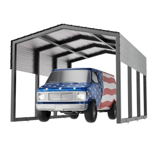 Image of Metal Carport 10x15ft Heavy-Duty | Military-Grade Reinforced Kits with Steel Roof & Hurricane | 80lbs /Sq.Ft Snow /RV /Camper /Truck /Tractor Shelter Outdoor