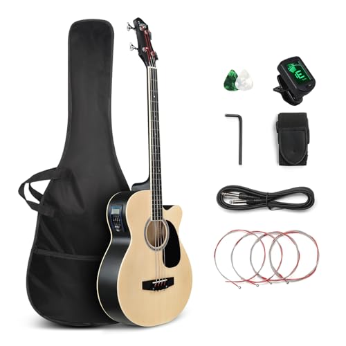 GLARRY Full Size Acoustic Electric Bass Guitar Beginner Kit, Cutaway 4 Strings Electric Acoustic Bass Guitar w/Inbuilt Tuner, Bag, Strap, Picks, Strings, Basswood Bass Guitarra, Matte Natural