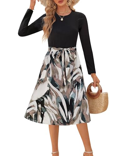 Zattcas Women 2025 Long Sleeve Fall Dress Ribbed Teacher Church Modest Business Casual Work Outfits Midi Dress Black H M