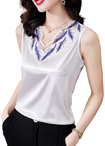 Lqhhylyx Ladies Lace Silk Satin Sleeveless Camisole Round Neck Commuter Shirt (B-White, Small) #TOP7