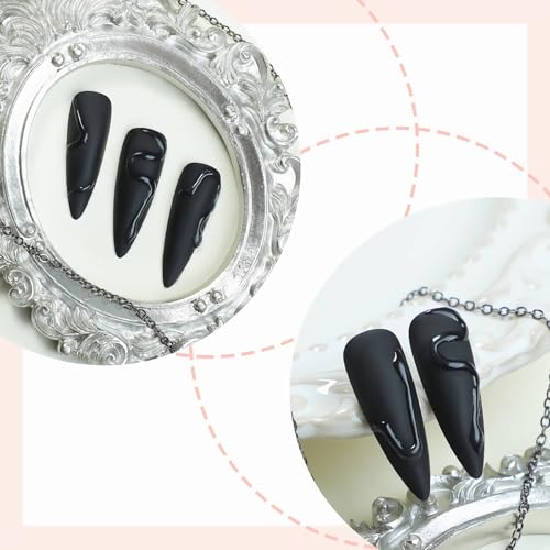 BABALAL Black Press on Nails Long Fake Nails Stiletto Glue on 3D Texture Snake Design Goth Punk Matte Halloween Acrylic False Nails 24pcs Almond Handmade Manicure Gel Nails - Thumbnail 2