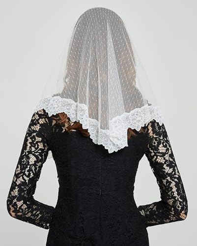 FANFAN Triangle Catholic Chapel Veil for Women - Elegant Lace Mantilla Head Covering for Latin Mass, Church & Prayer - Ivory White Religious Veil Accessories (Ivory)