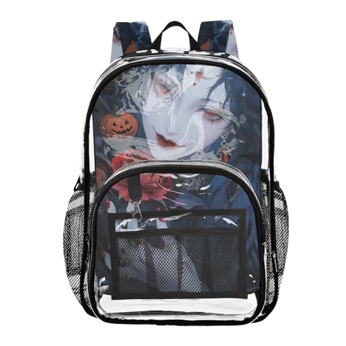 Halloween Black-haired Female Clear Kids Backpacks For School Clear Book Bag For Girls Boys See Through Transparent Heavy Duty Back Pack