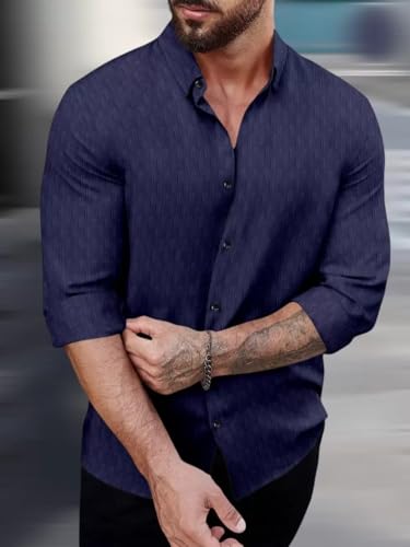 Image of DEELMO Men's Regular Fit Button Down Dress Shirts Textured Long Sleeve Casual Hawaiian Shirt