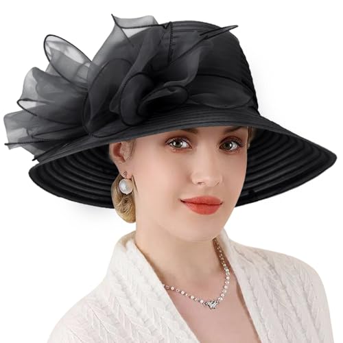 Image of DRESHOW Lady Derby Dress Church Bowler Cloche Hat Bowknot Organza Bridal Cap for Wedding
