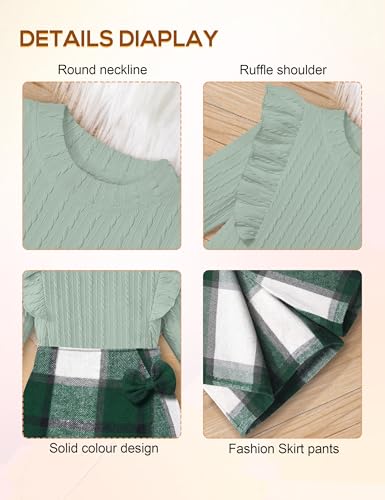 Image of Toddler Girl Clothes, Kids Clothes 2 Piece Ruffle Sleeve Tops Mini Plaid Skirt Skort Fall Winter Outfits Set 3-7T