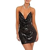 Hübsche Kleid Kleider Dress Frauen Glitzerkleid Erwachsene Sexy Rückenfrei Einfarbig Wasserfallausschnitt Pailletten Kurze Mini Party Club Kleider S Schwarz