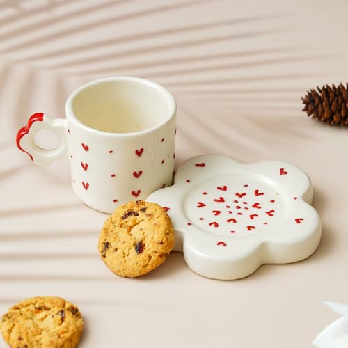 Image of Handcrafted Ceramic Tea Cup with Saucer | Red Heart Printed Coffee Mug with Plate | Premium Pottery Cup Set for Tea & Hot Beverages | Ideal Gift for Tea Lovers & Home Use