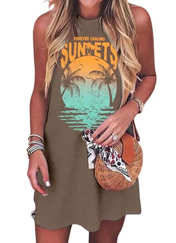 Summer Sundress for Women Graphic Mini Tank Dress Sleeveless Beach Dresses Short Casual Sun Dresses Brown