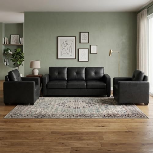 Image of FURNY Hariston 5 Seater Leatherette 3+2 Sofa Set (Black) in Premium Finish| Durable Comfort | Ideal for Living Room
