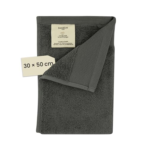 Toalla para Invitados Jean & len de algodón 100% orgánico, Color Romero, con Gancho, certificada Oeko-Tex y Gots, Etiqueta de la Marca en Cuero Vegano, Toallas para Invitados 30 x 50 cm