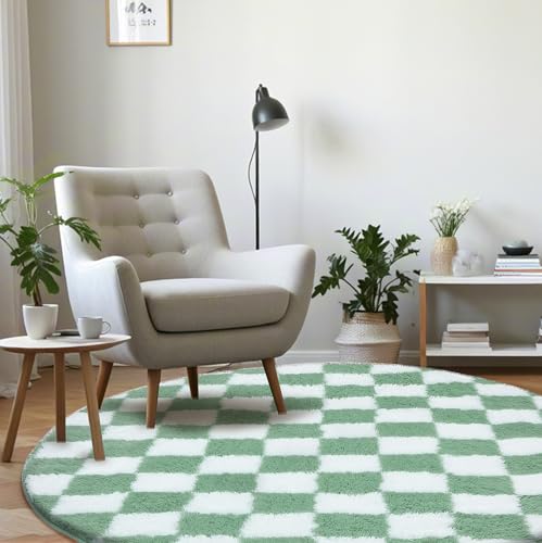 TOOHUB Super Soft Rug, Round Rug for Bedroom, 4X4 Ft Sage Green and White Checkered Round Rug...