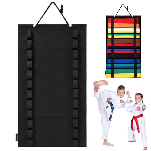 Pastoralist Martial Arts Belt Display, Hanging Karate Belt Display Rack Holds 12 Belts, Belt Display with Elastic Loops, Karate Belt Holder for Wall Door 14x25, Belt Display