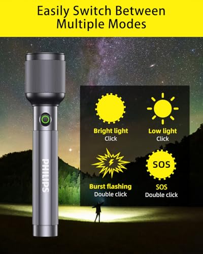 Image of Philips Torch Light, 9W 2000mAh Handheld Flashlight Rechargeable and Stepless Dimming, 650 Lumens, 5 Lighting Mode, 450M Coverage, Portable Led Torch Light for Home, Camping, Hiking, Emergency