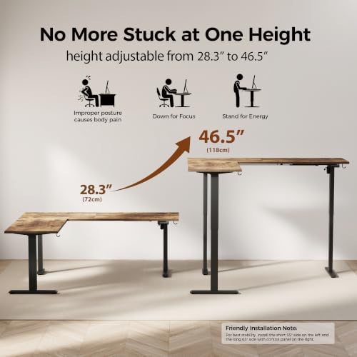 Image of Agilestic 75 Inch L Shaped Standing Desk Adjustable Height, Corner Standing Desk, Sit Stand Up Computer Table, Splice Board, Rustic Brown