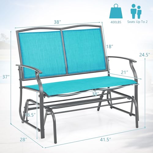 Image of Giantex Outdoor Glider Bench, Patio Glider Bench for Outside, Steel Frame, 400 Lbs Capacity, Ergonomic Swing Rocking Chair Loveseat, 2-Person Porch Swing Rocker for Backyard, Lawn, Balcony, Turquoise