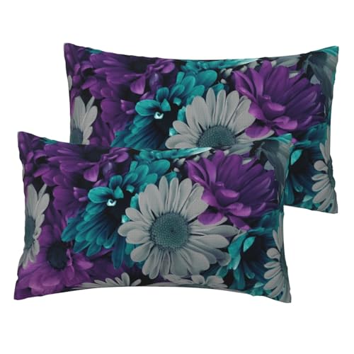 Taies d'oreiller fleurs violettes imitation lin bleu sarcelle lit canapé - 2