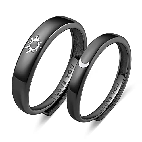 Beydodo 1Par Anillos de Parejas,Anillo Ajustable Plata de Ley Grabado Luna Sol Anillos Compromiso Anillo Parejas Ajustable Negro