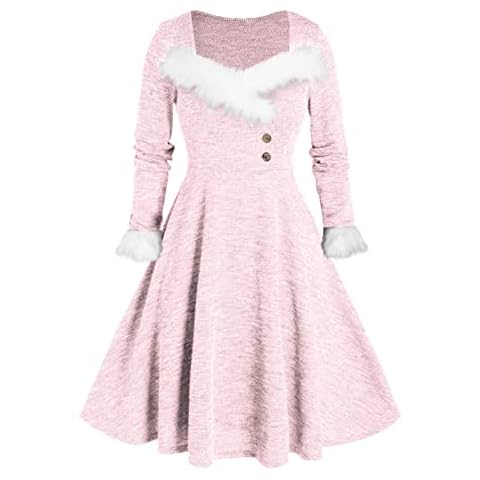 LUSHAasd Womens Christmas Dresses Faux Fur Trim Square Neck Long Sleeve Slim Fit High Waist Cute Print Holiday Cocktail Dress Cover