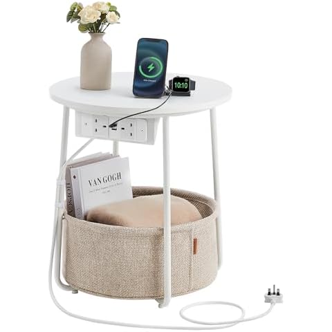VASAGLE Round Side Table with Charging Station Cover