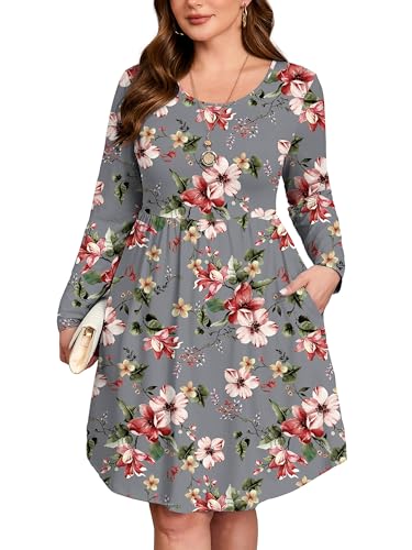 Image of AusLook Women's Plus Size Long Sleeve Midi Dress Casual Empire Waist Loose Flowy Dresses A-Line Boho Long Dress with Pockets