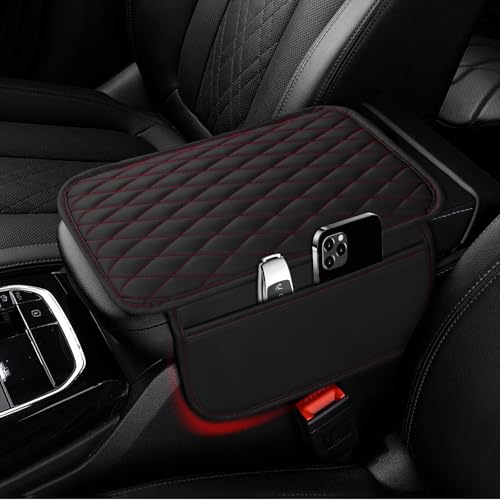 Ouzorp Car Center Console Cover, Upgraded Microfiber Leather Car Arm Rest Cover with 2 Storage Bags, Universal Armrest Cover for Car Storage Box Protector for Most Vehicle-Black with red line