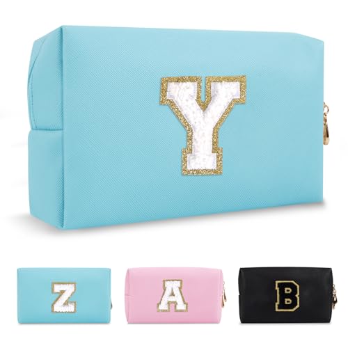 Small Personalized Initial A-Z Preppy Patch Makeup Bag,PU Chenille Letter Travel Cosmetic Pouch with Zipper,Blue Cute Toiletry Bag,Gift Ideal for Teen Girls Women Teacher Bridesmaid,Letter Y
