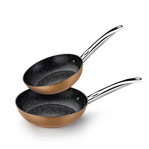 Monix Koper – Set van 2 koekenpannen Koperen Effect, 20 – 24 cm, gesmeed aluminium antiaanbaklaag met titanium deeltjes, voor alle soorten fornuizen inclusief inductie