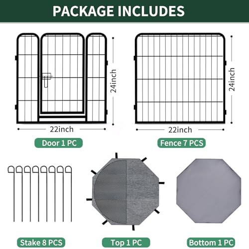 Image of PETIME Dog Playpen,Metal Exercise Puppy Pen Heavy Duty Kennels Yard Fence Indoor /Outdoor 22 inch W x 24 inch H 8 Panels Dog Cage with Octagon Top Cover and Bottom Pad