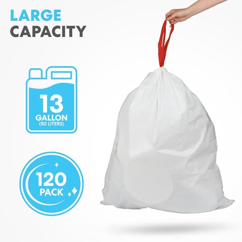 Image of Simpli-Magic 13 Gallon Drawstring Trash Bags, Code B, 120 Pack - Tall Kitchen Garbage Bags, Custom Made with Premium Materials (White)