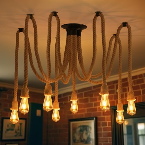 ANWIO Lampadario Corda E27, Lampadari a Sospensione di Canapa Vintage con 8 Luci, Lampadario Soffitto Cord Industriale, Lampadario Corda da Soffitto per Sala da Pranzo, Soggiorno(Lampadine Escluse)