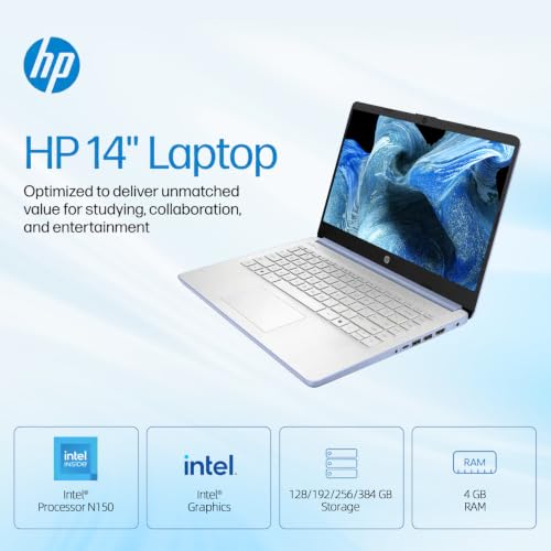 Image of HP 14 inch HD Student Business Laptop, Intel N150, 4GB RAM, 192GB Storage | (128GB UFS + 64GB SD Card), 1 Year Office 365, 720p Webcam, Slim Design, Copilot AI, WiFi 6, Win 11, Sky Blue