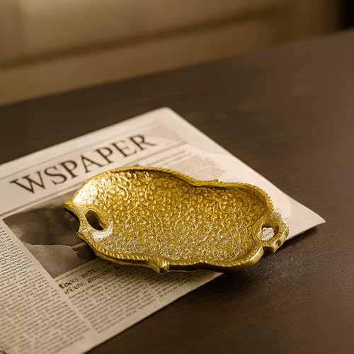 Image of MARKET 99 Golden Decorative Serving Tray | Glossy Aluminium Embossed Platter for Home Decor & Table Setting | Designer Centerpiece Tray for Dining, Coffee Table, Festive & Housewarming Gifting
