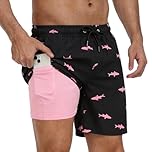 ZUIMEIHQH Mens Swim Shorts with Lining, 2 in 1 Shorts Men Compression Quick Dry Summer Beach Surfing Board Swimming Shorts (UK, Alpha, L, Regular, Regular, Pink Shark-Black)
