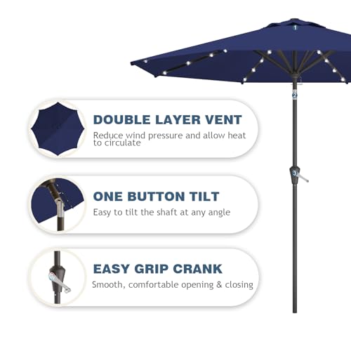 Image of 9FT Patio Umbrella with Solar Lights,Outdoor Market Umbrella with Tilt and Crank, LED Lighted Table Umbrella for Garden,Deck,Backyard,Pool,Beach (Navy)
