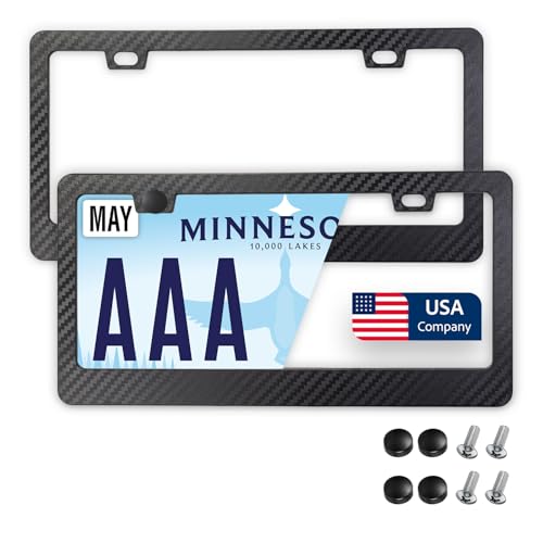Image of Premium Slim Carbon Fiber Design License Plate Frame - 2 Pack, Durable Plastic, Rust-Free, License Plate Protector, Street Legal, Universal with Screw Caps