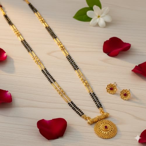 Image of Traditional Maharashtrian Long Mangalsutra with Pendant & Earrings | Antique Gold Plated Black Bead Chain | Micropolish Jewelry for Women & Girls Style