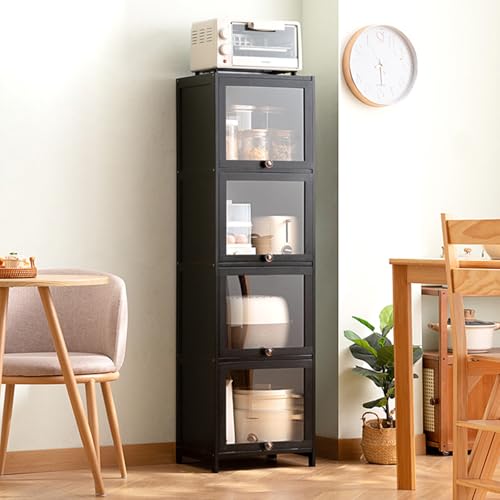 JXHNZYQ キッチンラック 食器棚 スリム ハイタイプ コンパクト 薄型 アクリル扉 竹製キャビネット 幅30cm/40cm 一人暮らし キッチン収納 キッチン家電収納 調味料入れ 鍋 お箸 お椀 家庭用 食器棚 小さめ 完全透明ドア 幅30cm(4層