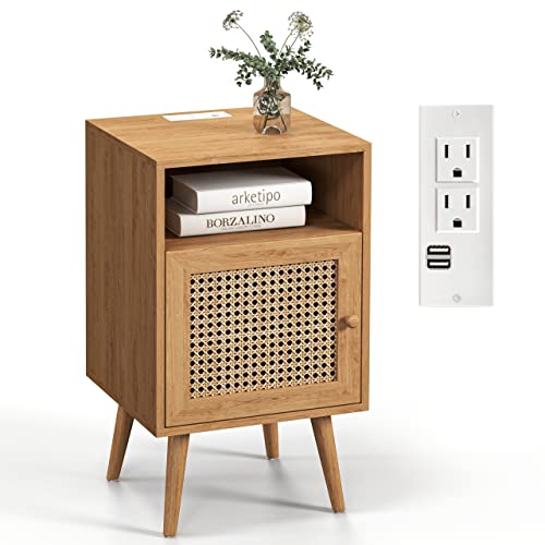 Betterhood Rattan Nightstand With Charging Station, Boho Side Table With Handmade Rattan Decorated Drawer, Mid-Century Modern Nightstand With Open Storage Shelf For Bedroom, Living Room, Natural #TOP7