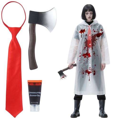 4 PCS American Halloween Psycho Costume Accessory with Raincoat, Axe, Red Tie, Fake Blood Gel, Scary Horror Dress Up for Men Women Scary Horror Killer Cosplay Party Costume