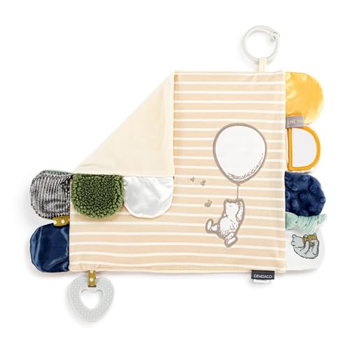 Image of DEMDACO Mommy & Me Neutral Color, 17 x 11.5 Inch Textured Fabric, Teething Ring, Stroller Clip-on, Activity Blanket, Blankie, Tan and White, Pooh Classic Yellow Bear
