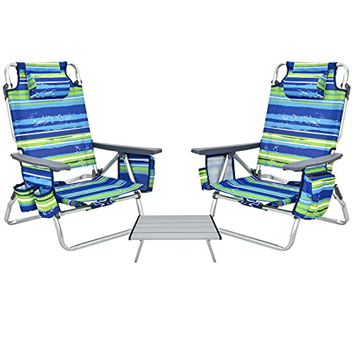 GIANTEX Chaises de Plage Pliable 3 Pcs, Chaises de Camping 5 Positions avec Dossier Haut et Table Enroulable, Chaise de Jardin Inclinables Charge 136 KG (Bleu + Vert)